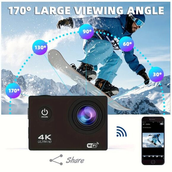 Action Camera 4K30fps, 20MP, 131ft Underwater, WiFi, 170° Wide Angle 16G Memory - Picture 4 of 7
